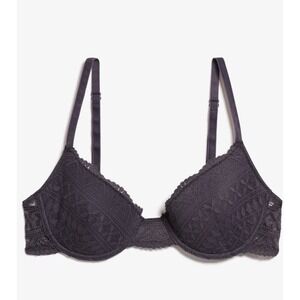 ETAM Lace Push Up Bra Dark Gray Underwire Adjustable Straps Full Coverage 38D‎